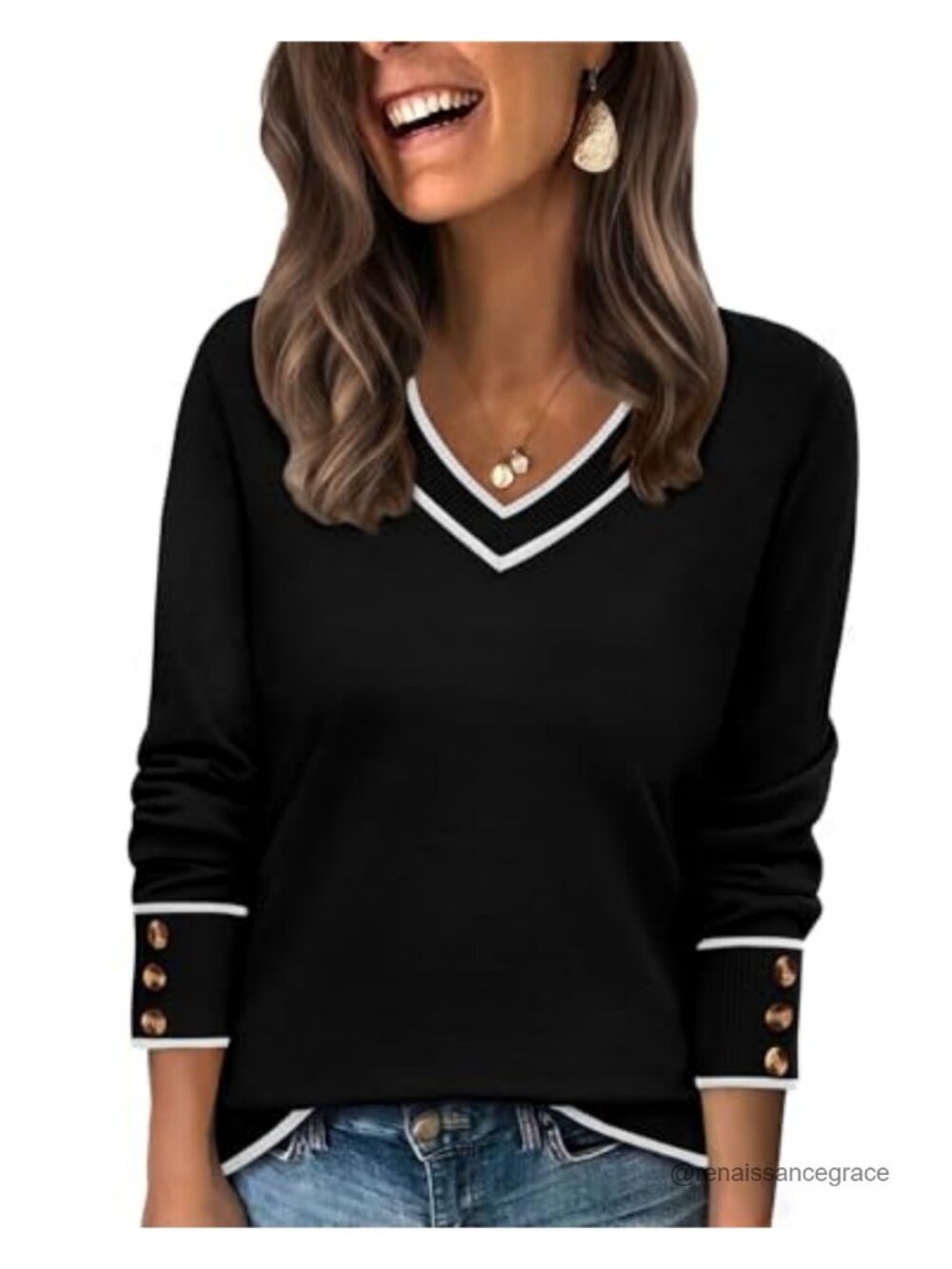V-Neck Knit Pullover Sweater with Decorative Buttons - Long Sleeve